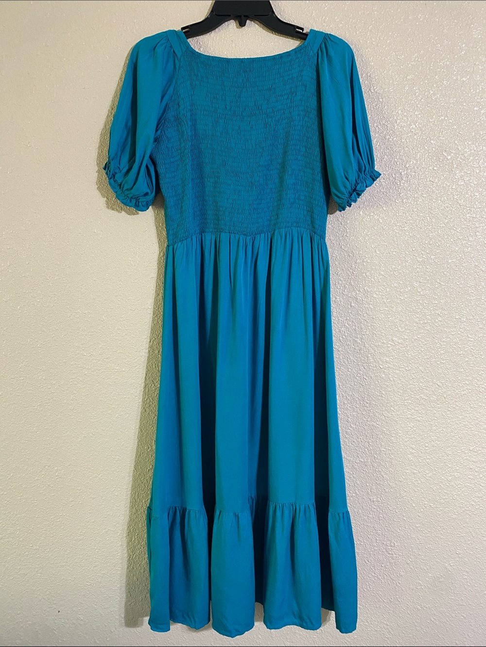 Turquoise Ruched Bodice with Ruffle Hem Midi Dress Size L - Picture 7 of 10